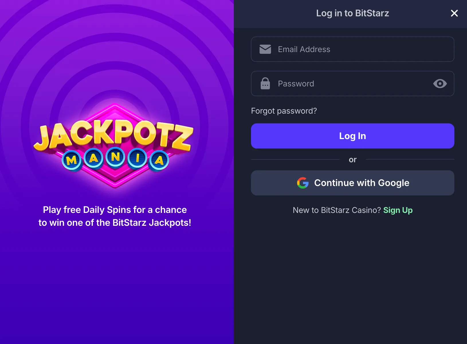 bitStarz-casino login page