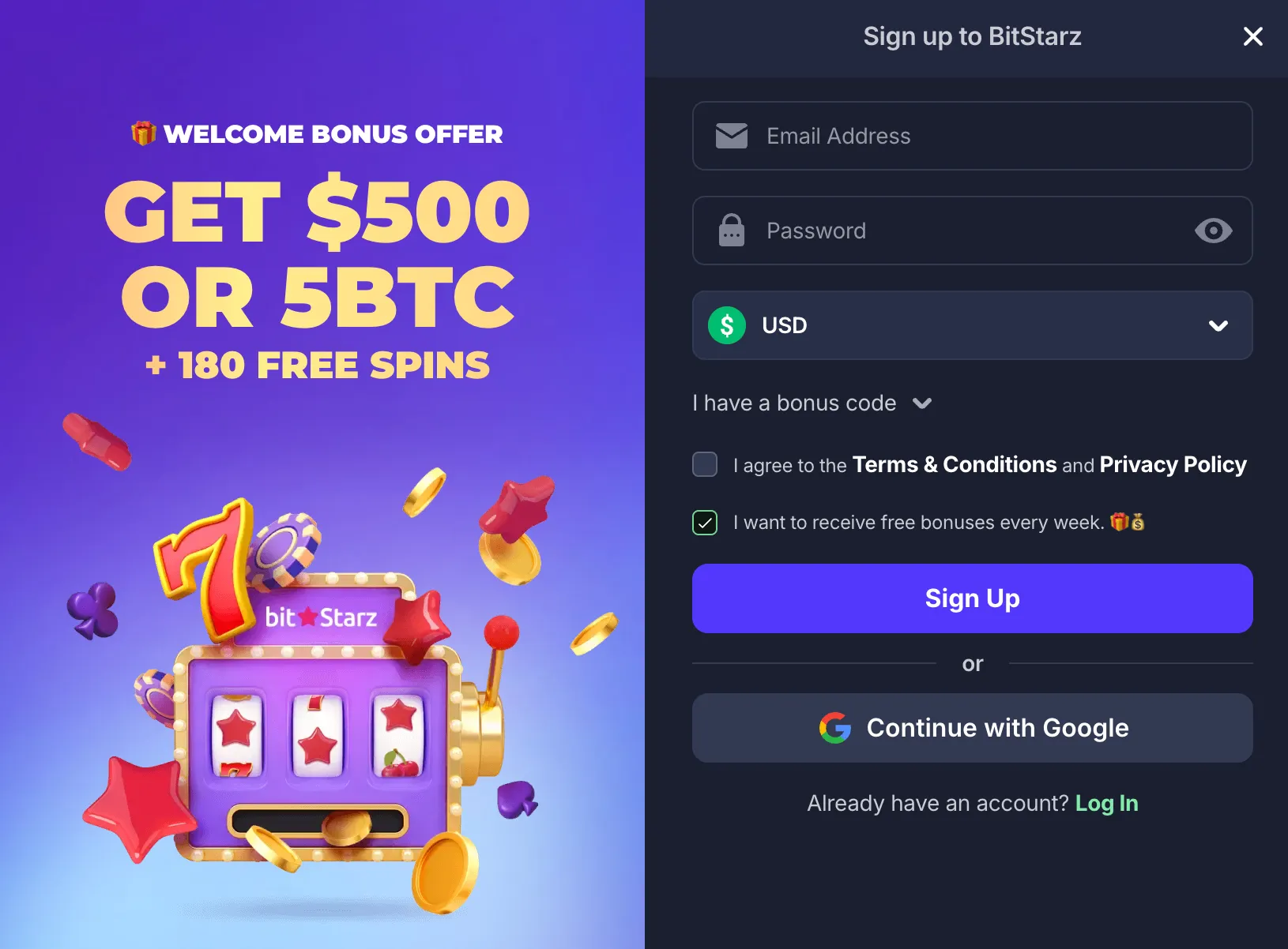 bitStarz-casino signup page